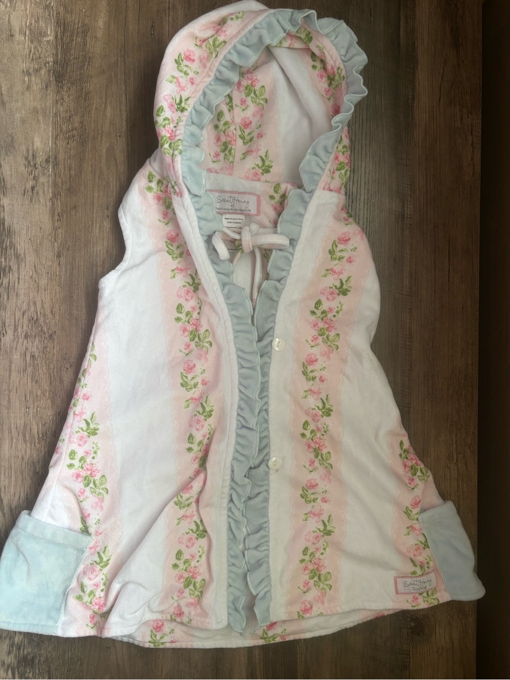 SweetHoney Pink Rose Hooded Floral Vest with Light Blue Ruffle